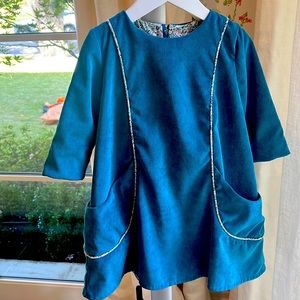 Isabel Garrenton Teal Corduroy Dress with floral piping and pockets.   Size 5.
